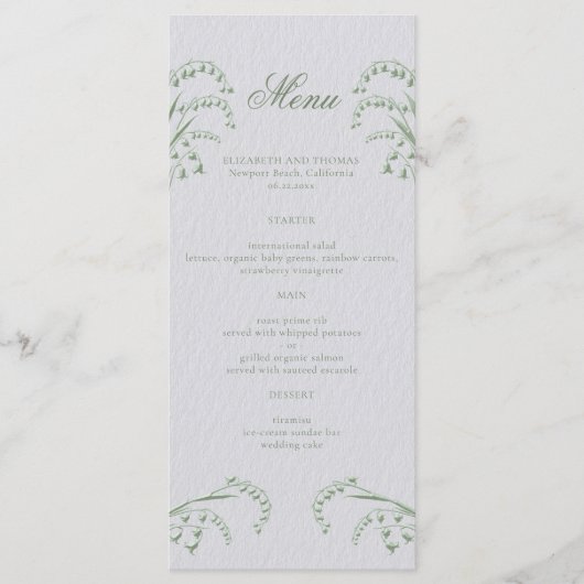 Lily Valley Faux gegraveerd groen formele bruiloft Menu (Voorkant)