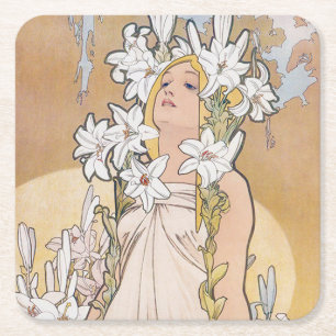 Lily (Vier bloemen), Alphonse Mucha Vierkante Kartonnen Onderzetter