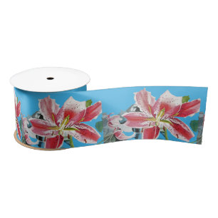 Lily Waterverf Red Oriental floral Satin Ribbon Lint