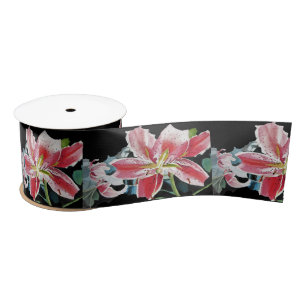 Lily Waterverf Red Oriental floral Satin Ribbon Lint