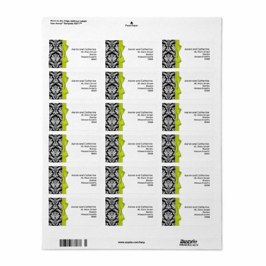 Lime Bow Damask Étiquettes de adresse (Feuille entière)