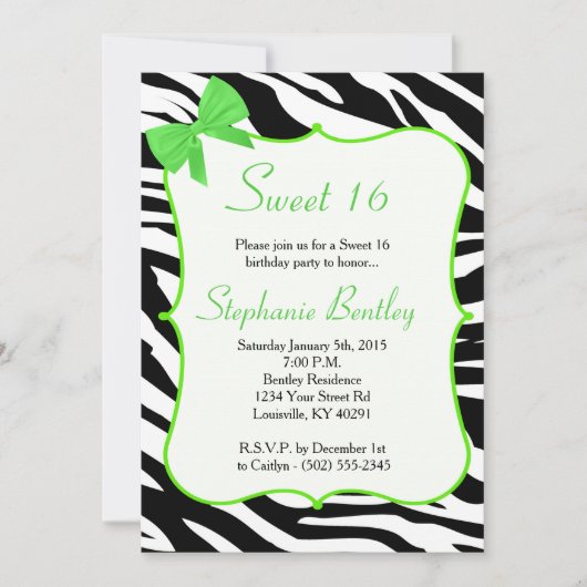 Lime Bow et Zebra Sweet 16 Anniversaire Invitation (Devant)