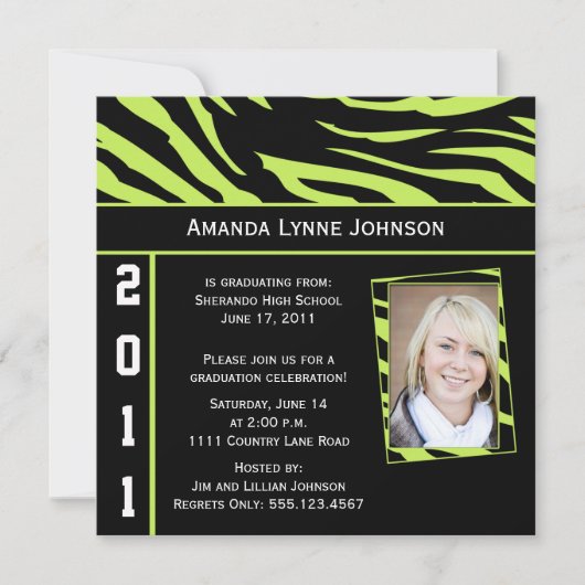Lime et Black Zebra Imprimer Graduation Invitation (Devant)