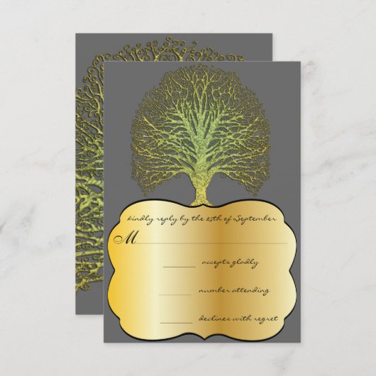 Lime Gold Swirl Damask Tree Wedding RSVP (Devant / Derrière)