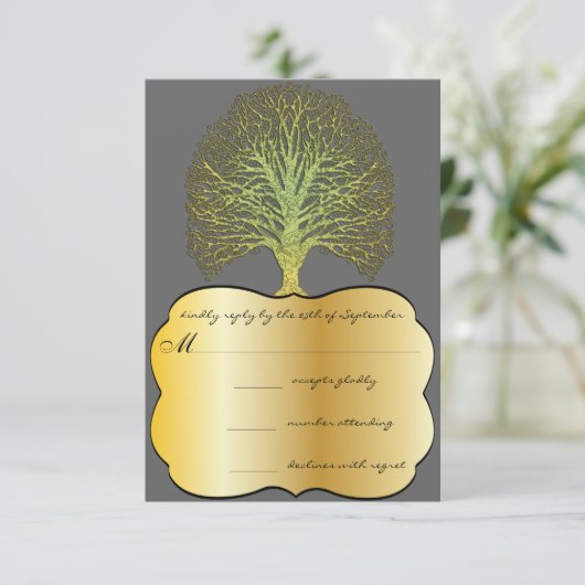 Lime Gold Swirl Damask Tree Wedding RSVP (Debout devant)