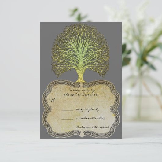 Lime Gold Swirl Damask Tree Wedding RSVP (Debout devant)