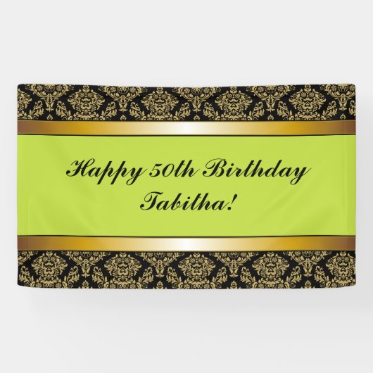 Lime Green Any Age Gold Damask Birthday Banner (Horizontaal)