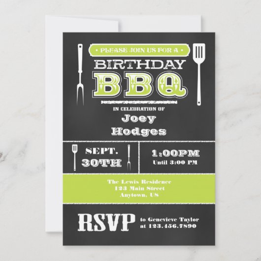 Lime Green BBQ Verjaardag schoolbord uitnodiging (Voorkant)