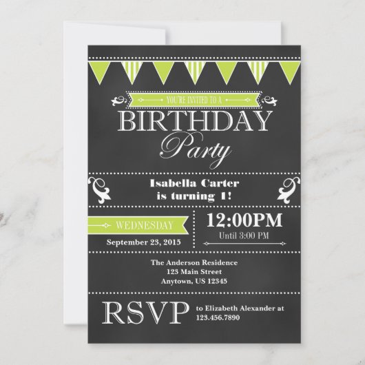 Lime Green Black Chalkboard Birthday Invitation Kaart (Voorkant)