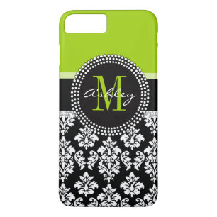 Lime Green Black Damask Pattern Monogrammed iPhone 8 Plus / 7 Plus Hoesje