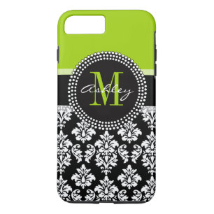 Lime Green Black Damask Pattern Monogrammed iPhone 8 Plus / 7 Plus Hoesje