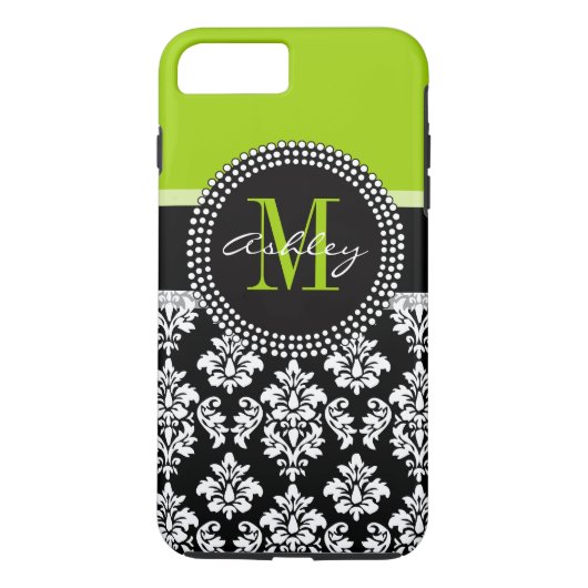 Lime Green Black Damask Pattern Monogrammed Case-Mate iPhone Case (Achterkant)