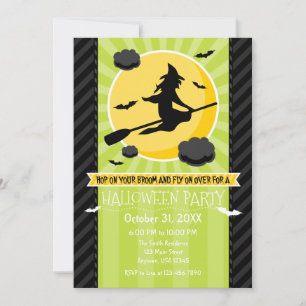 Lime Green Black Grey Witch Halloween Invitation Kaart