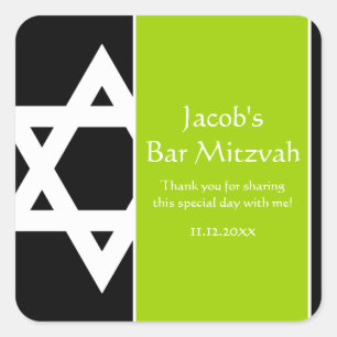 Lime Green Black Star van David Bar Mitzvah Favor Vierkante Sticker