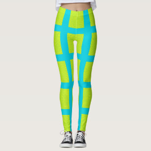 Lime Green Blue Carré Motif Yoga Pants Leggings