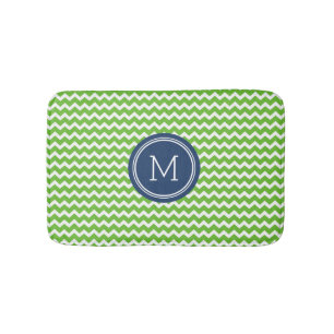 Lime Green Blue Monogram Chevron Stripes Bathmat Badmat