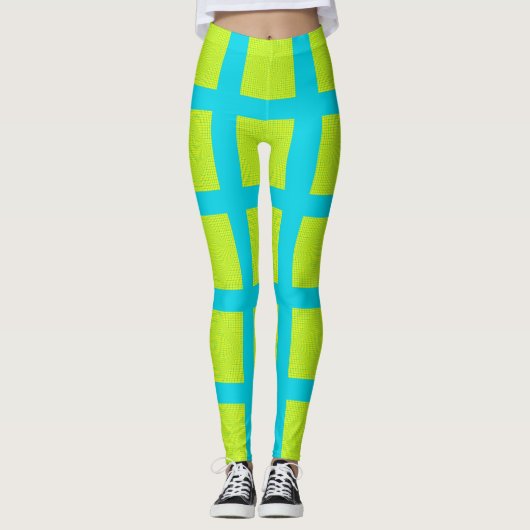 Lime Green Blue Square Pattern Yoga Pants Leggings (Voorkant)