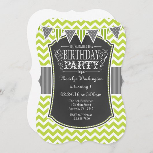 Lime Green Chalkboard Chevron Invitation d'anniver (Devant / Derrière)