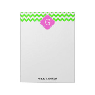 Lime Green Chevron Hot Pink Quatrefoil Monogram Notitieblok