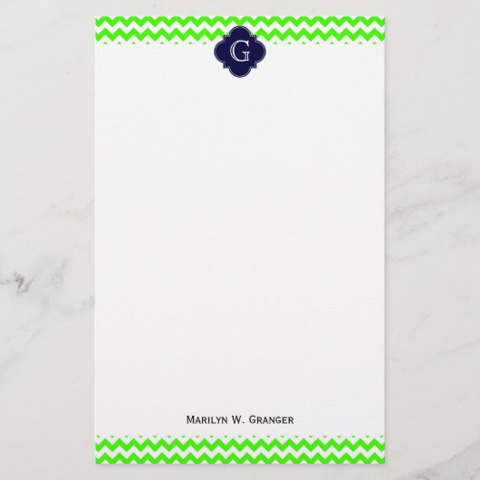 Lime Green Chevron Navy Blue Quatrefoil Monogram Briefpapier (Voorkant)
