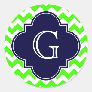 Lime Green Chevron Navy Blue Quatrefoil Monogram Ronde Sticker