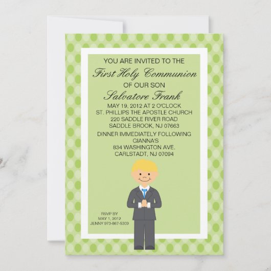 Lime Green Cute First Communion Boy Invitation (Devant)