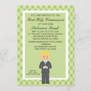Lime Green Cute First Communion Boy Invitation