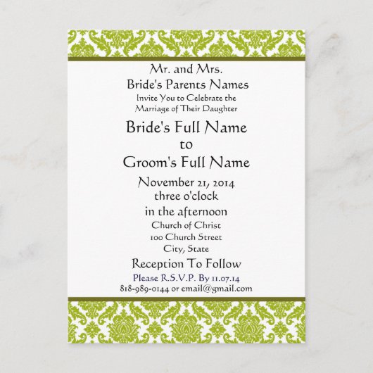 Lime Green Damask sur Faire-part de mariage blanc (Devant)