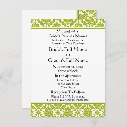 Lime Green Damask sur Faire-part de mariage blanc (Devant / Derrière)