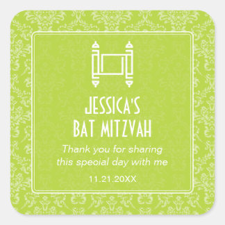 Lime Green Damask Torah Bat Mitzvah Vierkante Sticker