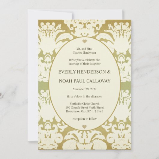 Lime Green Damask Wedding Invitation Kaart (Voorkant)