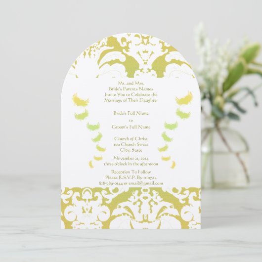 Lime Green Damask Wedding Invitation Kaart (Staand voorkant)