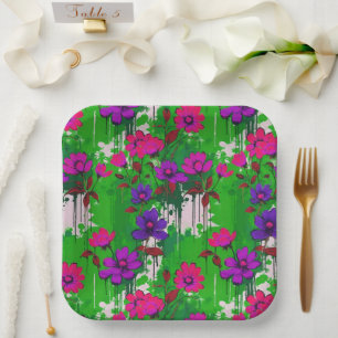 Lime Green Druppelverf & Roze & Paarse Bloemen Papieren Bordje