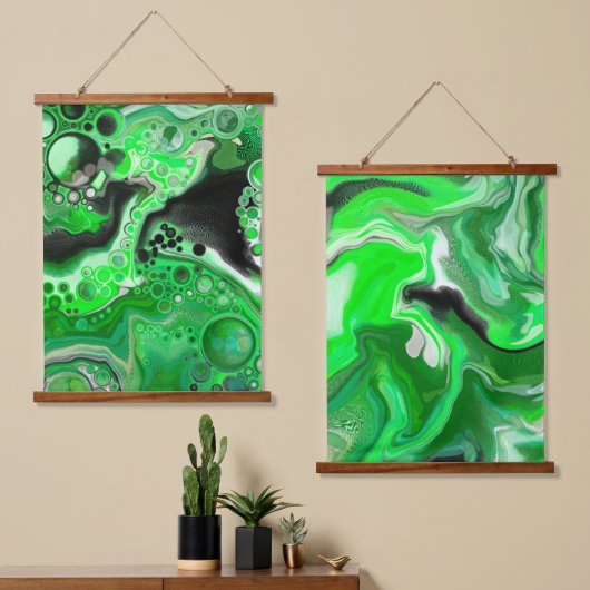 Lime Green en Black Marble Fluid Art Hangend Wandkleed (Asymmetrisch)
