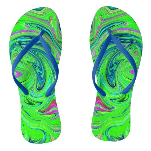 Lime Green en Blue Groovy Abstract Retro Art Teenslippers (Voetbed)