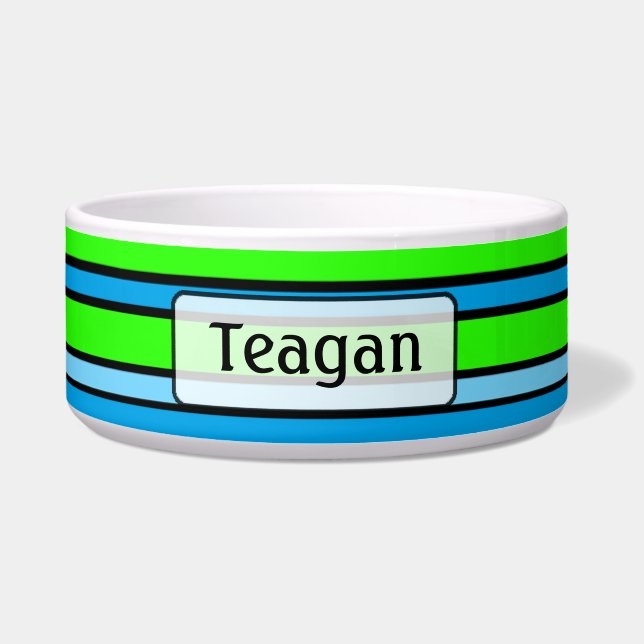 Lime Green en Blue Striped Personalized Dog Bowl Voerbakje (Voorkant)