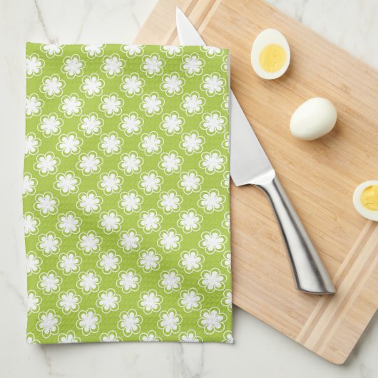 Lime Green en White Flower Pattern Theedoek (Quarter Fold)