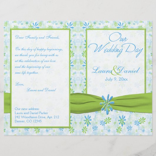 Lime Green et Blue Floral Wedding Programme (Devant)