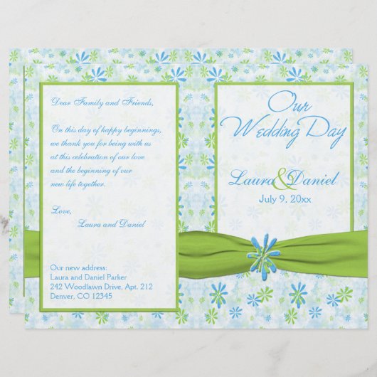 Lime Green et Blue Floral Wedding Programme (Devant / Derrière)
