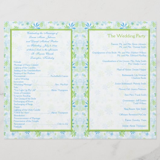 Lime Green et Blue Floral Wedding Programme (Dos)