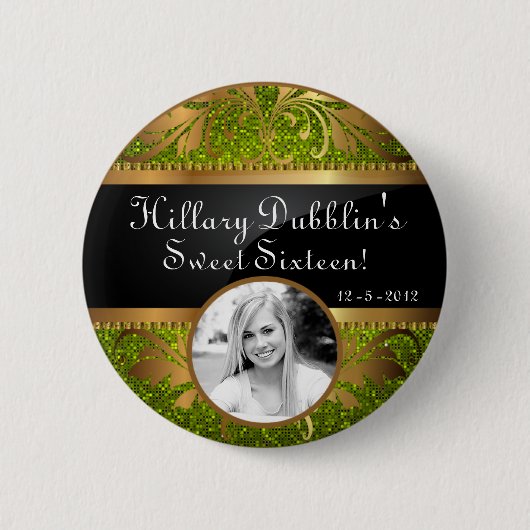 Lime Green Glitter Sequin Disco Glitz Foto Button (Voorkant)