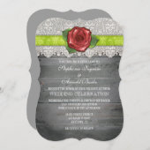 Lime Green Grey Rustic Wood Roos Wedding Invite Kaart (Voorkant / Achterkant)