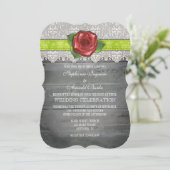Lime Green Grey Rustic Wood Roos Wedding Invite Kaart (Staand voorkant)