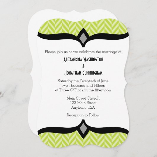 Lime Green Herringbone blanc Faire-part de mariage (Devant / Derrière)