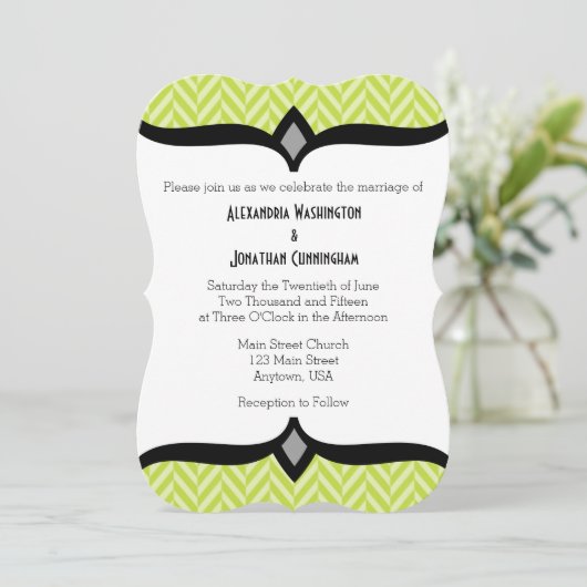 Lime Green Herringbone blanc Faire-part de mariage (Debout devant)