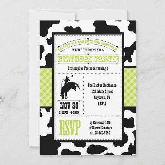 Lime Green Koeienhuid Cowboy Birthday Uitnodiging (Voorkant)