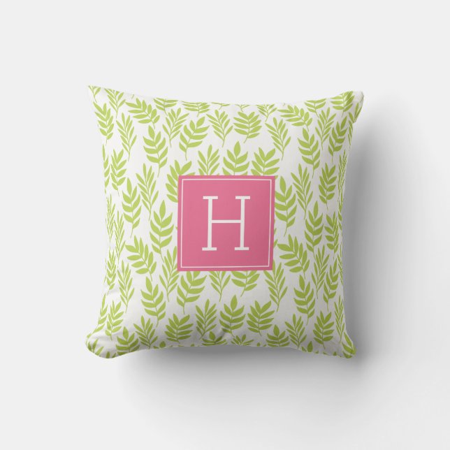 Lime Green Leaves en Roze Monogram Kussen (Voorkant)