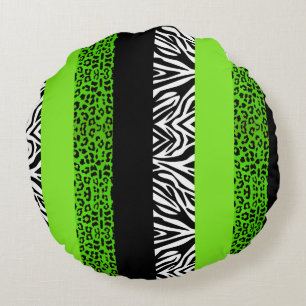 Lime Green Leopard en Zebra Animal Print Rond Kussen