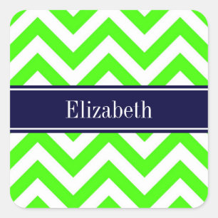 Lime Green LG Chevron Navy Blue Name Monogram Vierkante Sticker