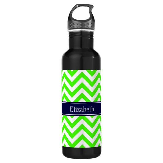 Lime Green LG Chevron Navy Blue Name Monogram Waterfles (Voorkant)